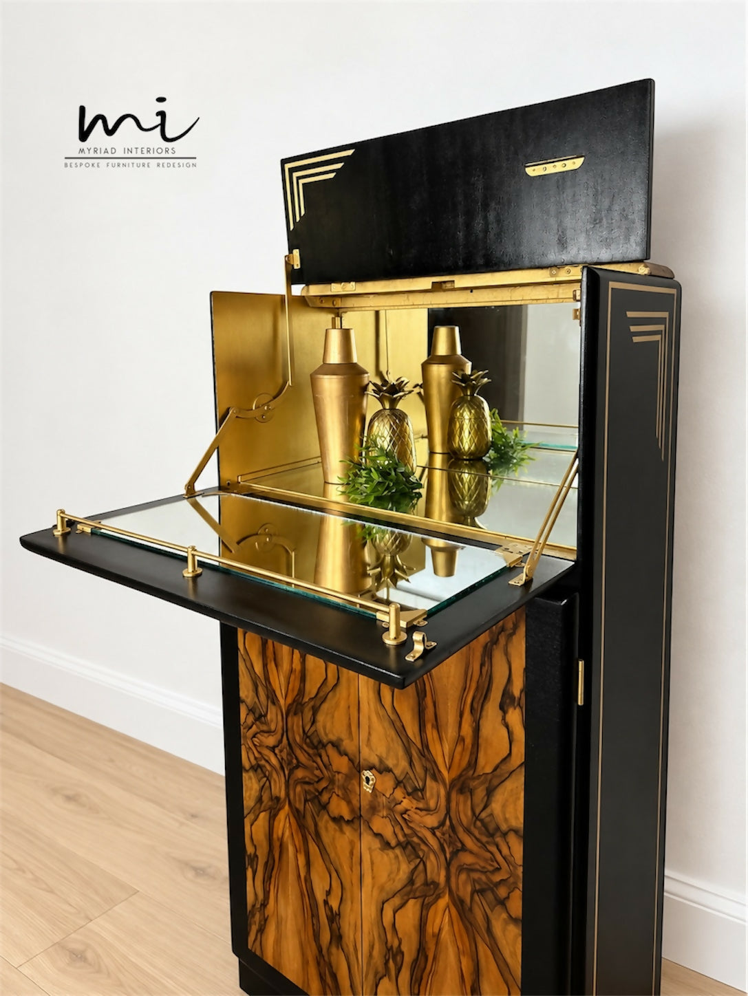 Refinished Art Deco Burl Walnut Cocktail Cabinet In Black With Gold Design. 1930s drink cabinet. Gin bar. Refurbished. sideboard slim narrow