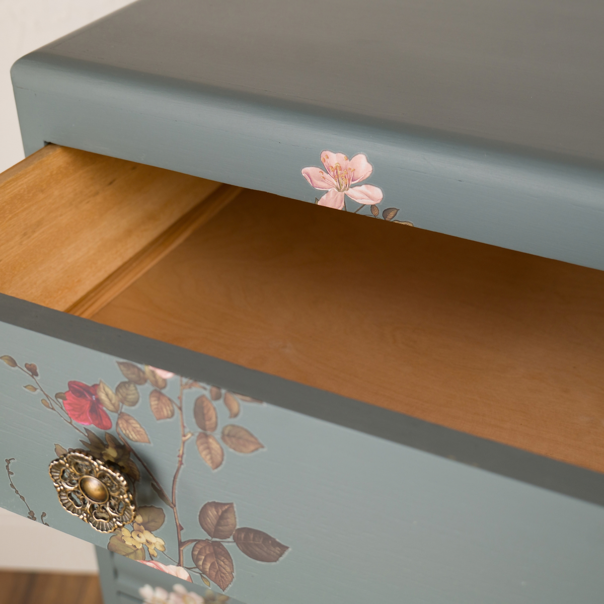 Floral Upcycled Chest of Drawers, Blue Grey Vintage Dresser, Painted Furniture