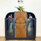 Art Deco refinished walnut cocktail cabinet, navy blue, champagne gold, vintage drinks cabinet, glass display cabinet, sideboard