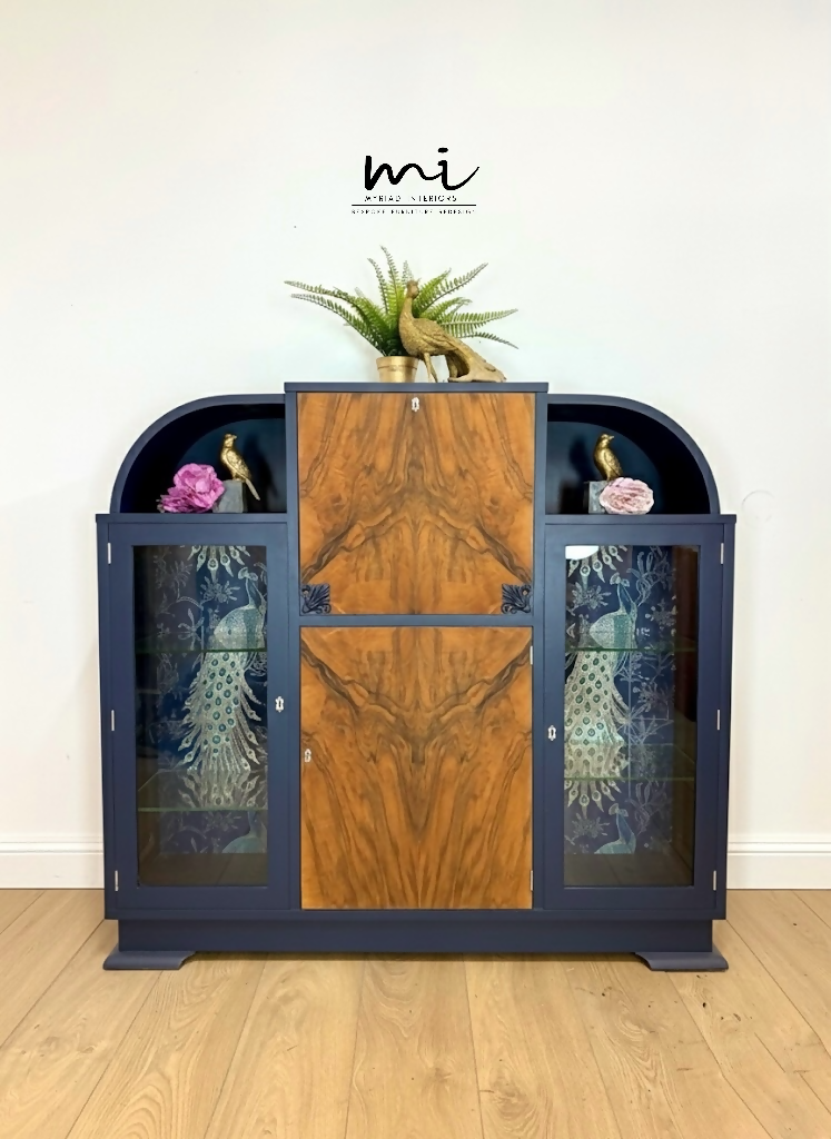 Art Deco refinished walnut cocktail cabinet, navy blue, champagne gold, vintage drinks cabinet, glass display cabinet, sideboard