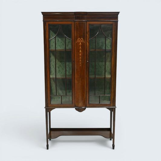 Edwardian Inlaid Mahogany Display Cabinet Leaded Glass Key & FREE UK Delivery