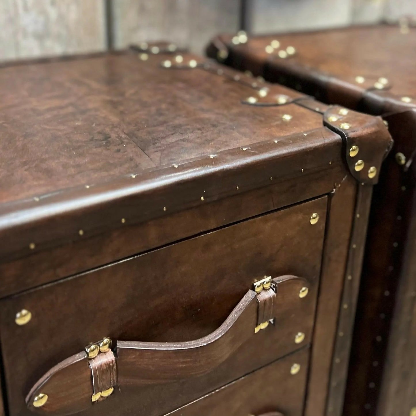 Vintage Handcrafted English Oak Leather Nightstands – Luxury Bedside Tables (Set of 2)