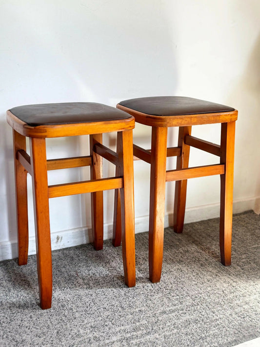 Mid century retro vintage stools wood vinyl brown