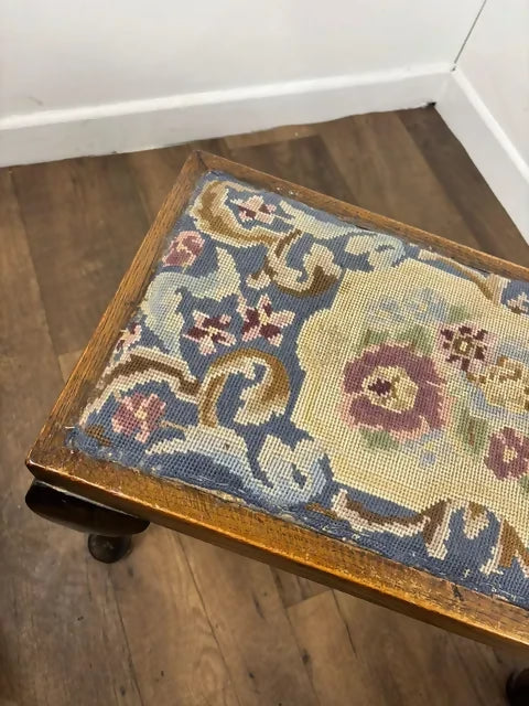 Vintage Oak Stool With Floral Tapestry Top