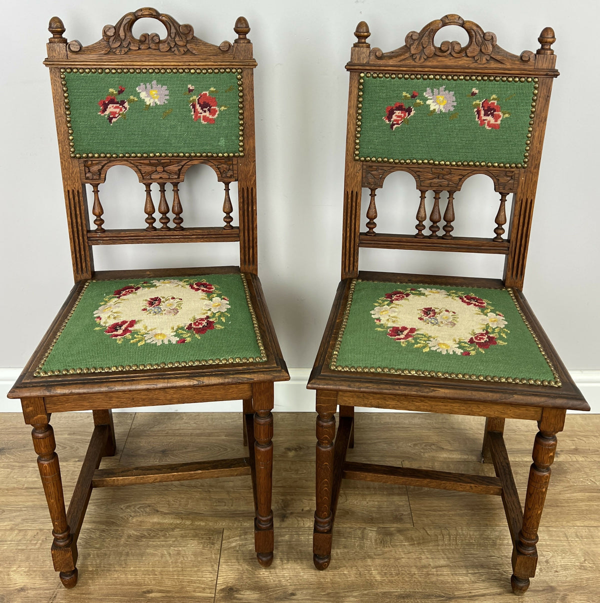 Pair of Chairs Antique French Style Oak Floral Upholstered Chairs LOT 6515