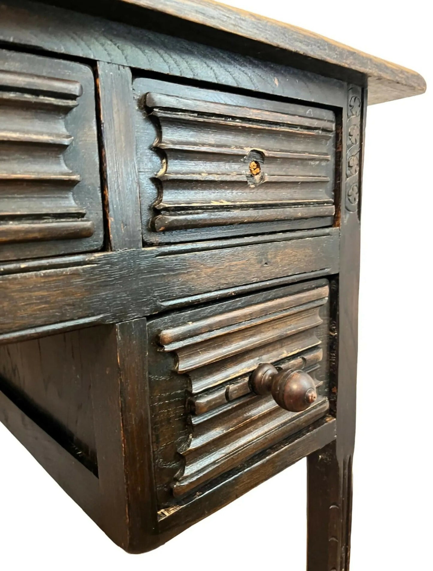Vintage 1930s Solid Wood Desk 5 Drawer Console Table Carved Front 109cm