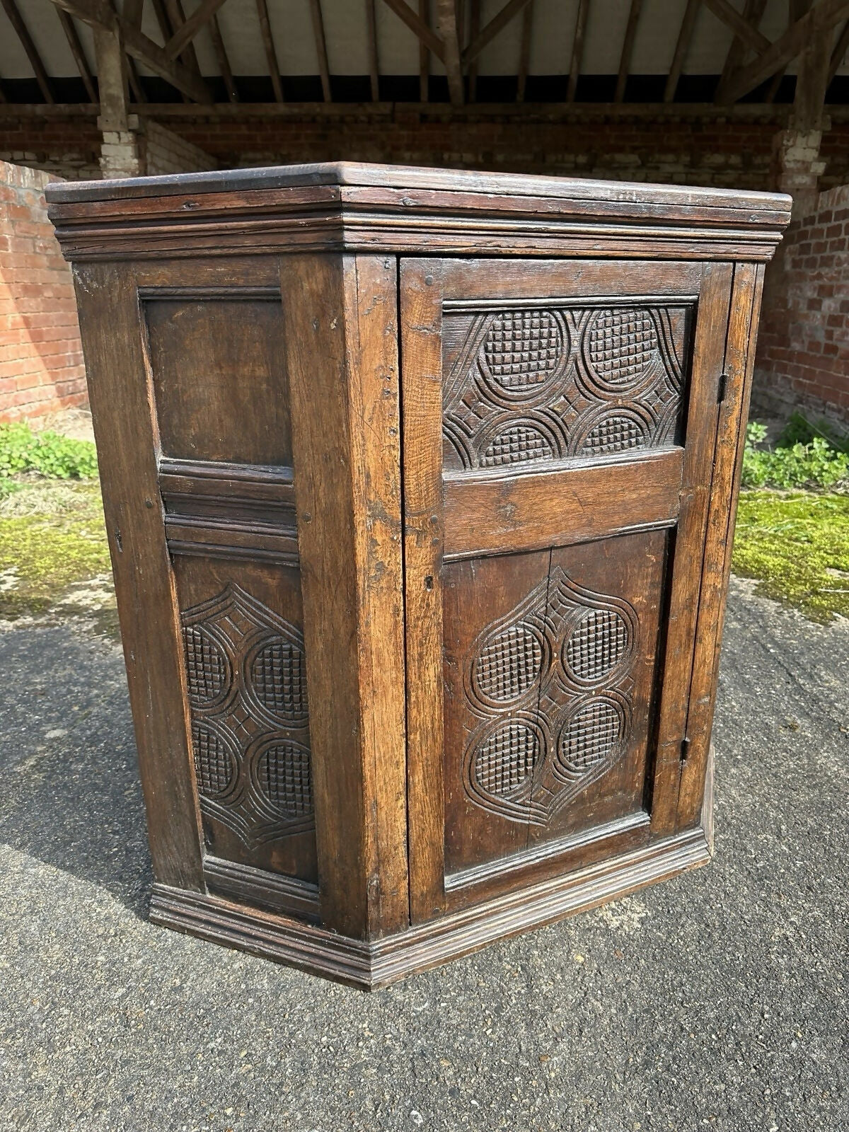 Antique Ecclesiastical Carved Oak Corner Kitchen Pantry Storage Cupboard
