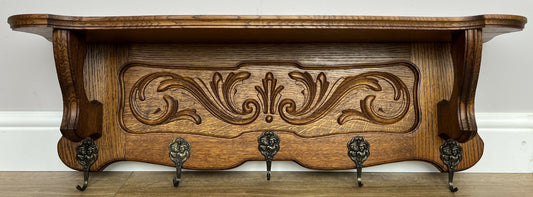 Coat Rack Vintage French Carved Oak Wall Mounted 5 Hooks Rack Hanger LOT 6367