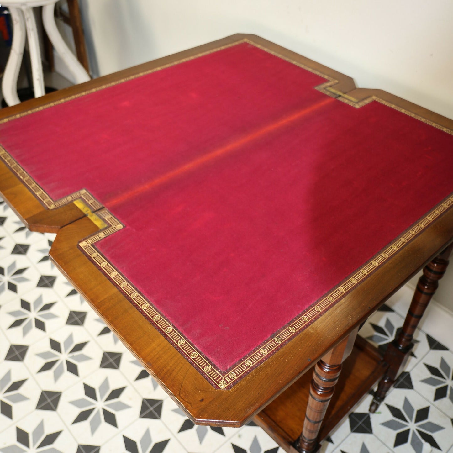 Edwardian Mahogany Card Game Table Baize Top on Porcelain Castors