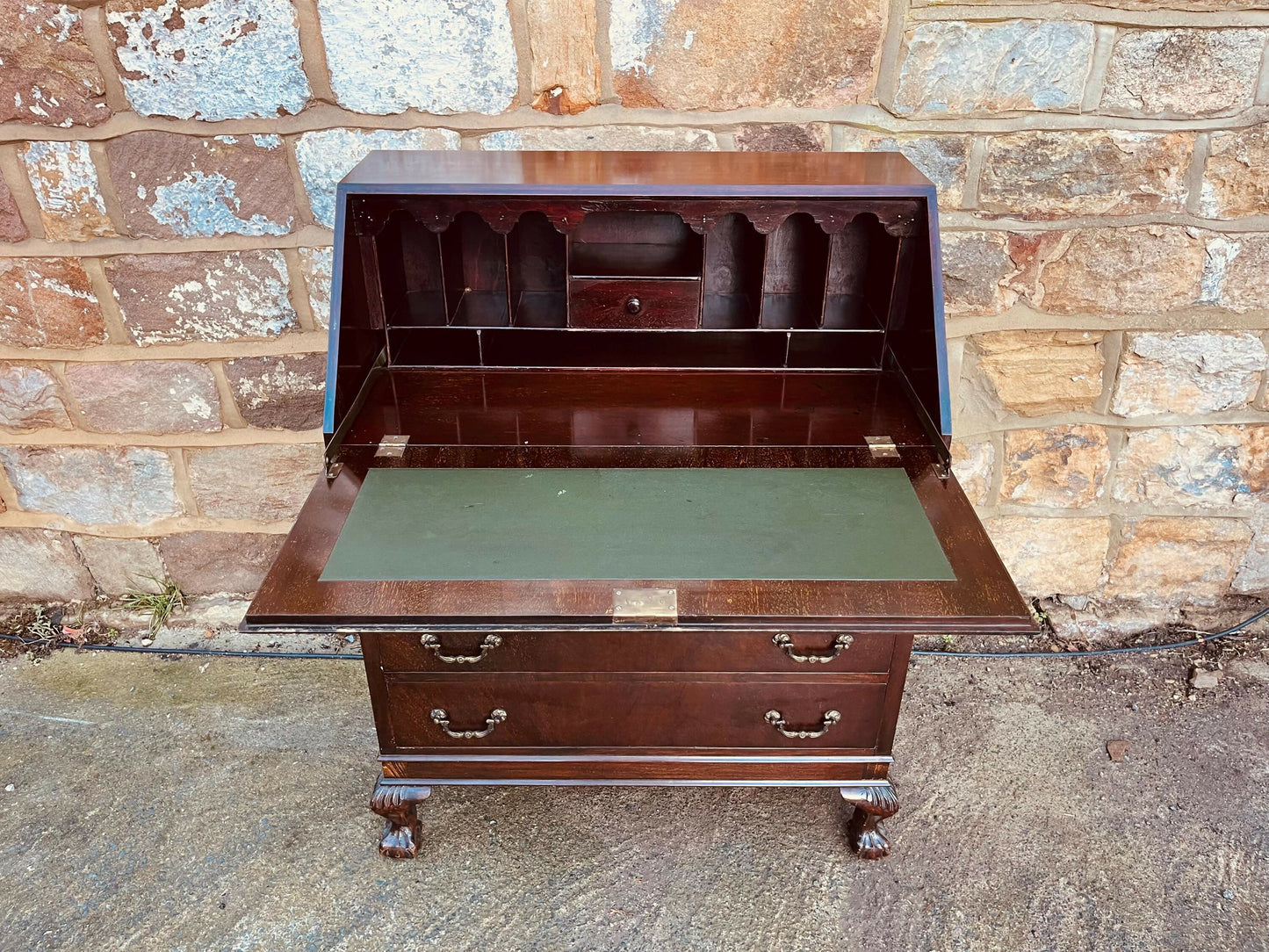 Mahogany Bureau Writing Desk – Ball & Claw Feet, Drop Front, Vintage Secretary Desk, Home Office Storage, Green Leather Writing Surface