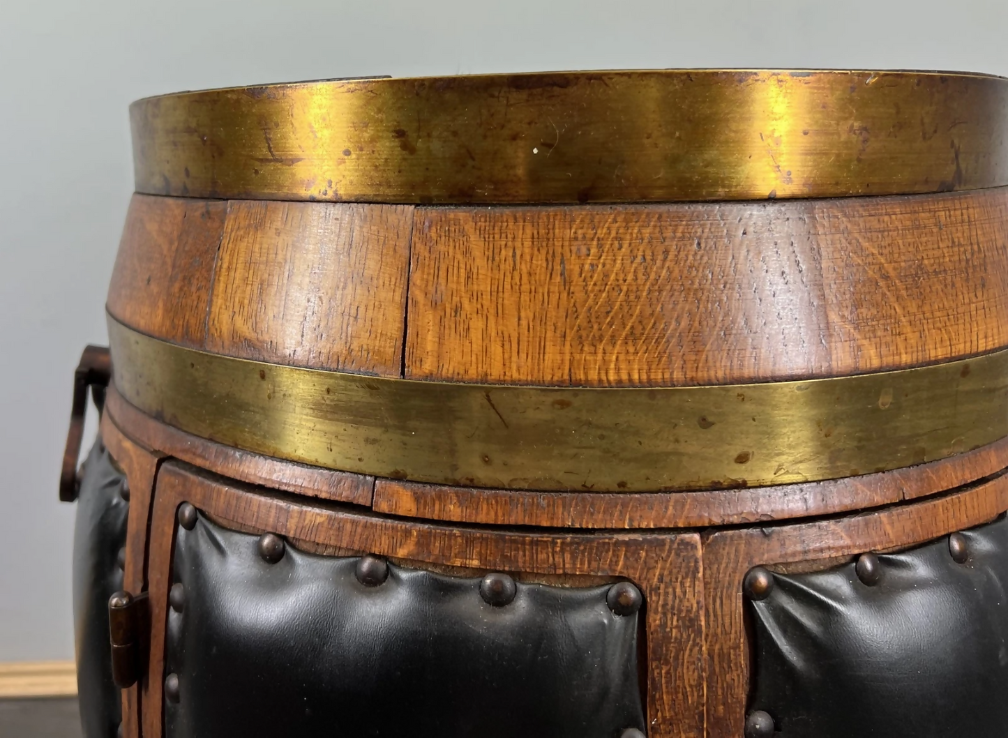 Drink Cabinet Vintage French Style Oak Brass Trim Barrel Carved Storage LOT 3900