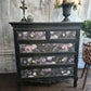SOLD - Upcycled French Style Chest of Drawers: Black Floral Dresser with Gold Pulls