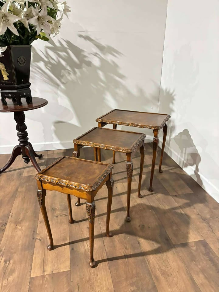 Vintage Burr Walnut Nest of Three Tables