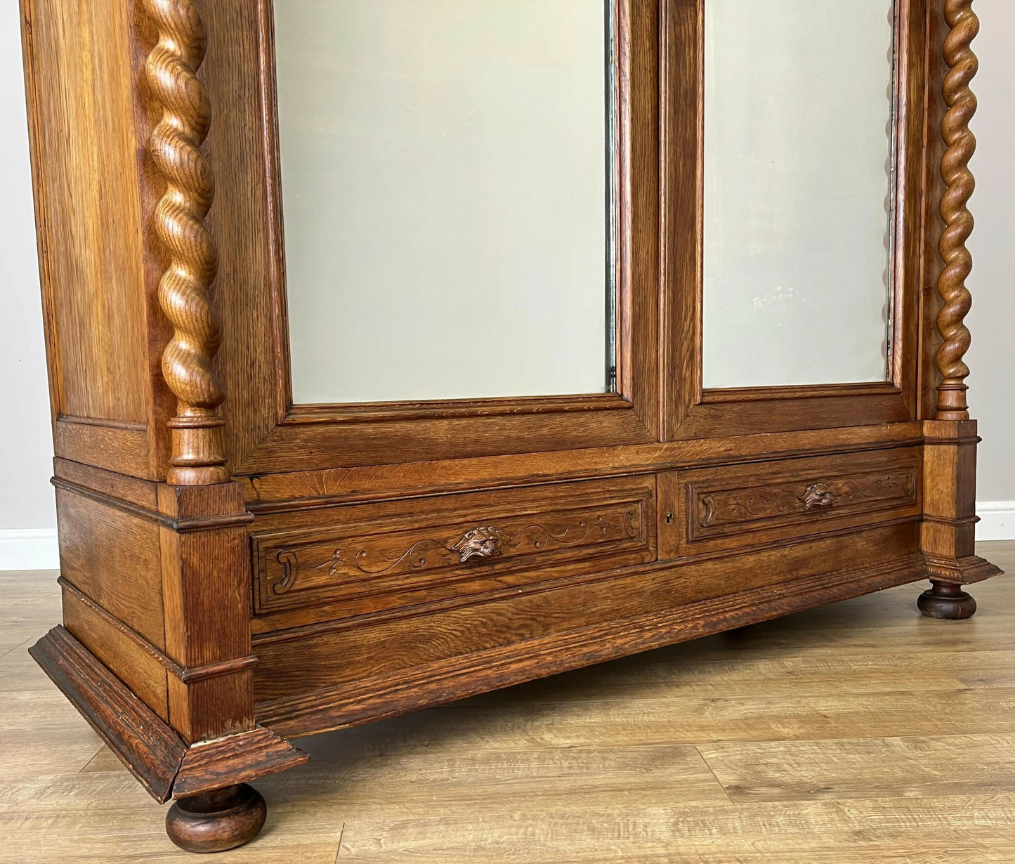 Vintage Wardrobe French Oak Two Door Mirrored Carved Armoire Cabinet LOT 6124