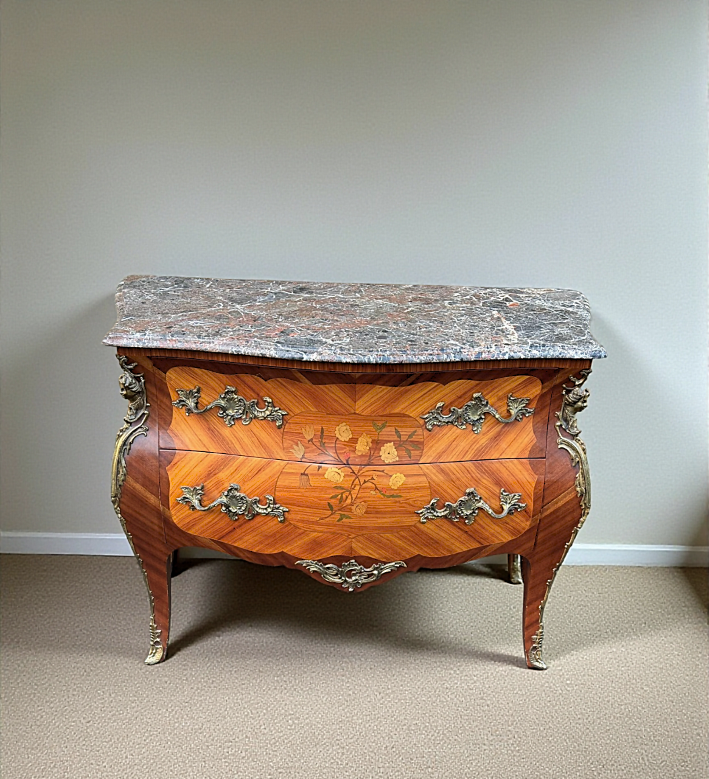 Louis XV Style French Walnut and Marquetry Inlaid Marble Top Commode