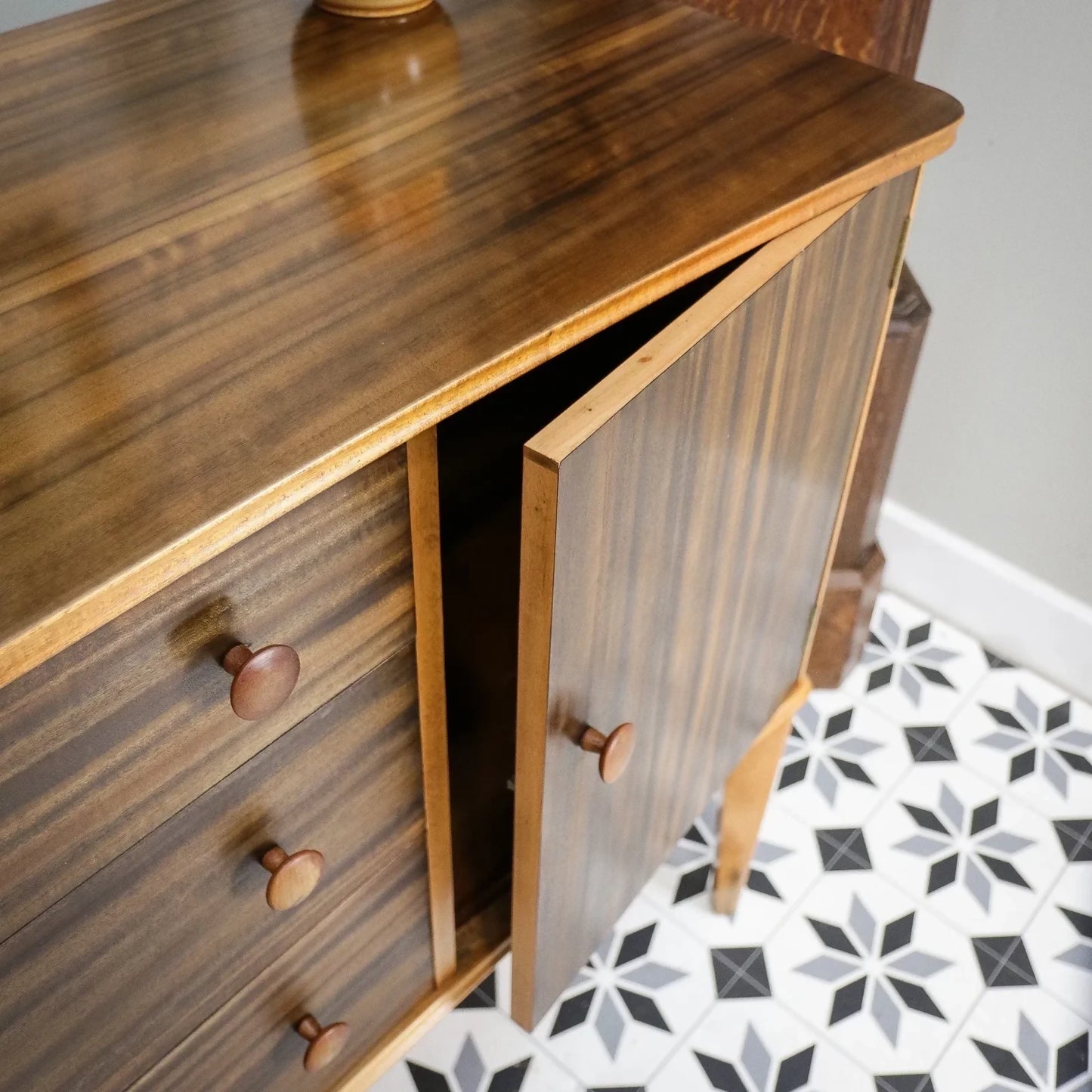 Teak Sideboard Concave Front in Afromosia and Indian Laurel Mid Century Retro Cabinet