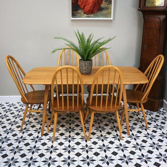 Six Ercol Quaker 365 Chairs and Ercol Plank Dinnig Table in Elm and Beech