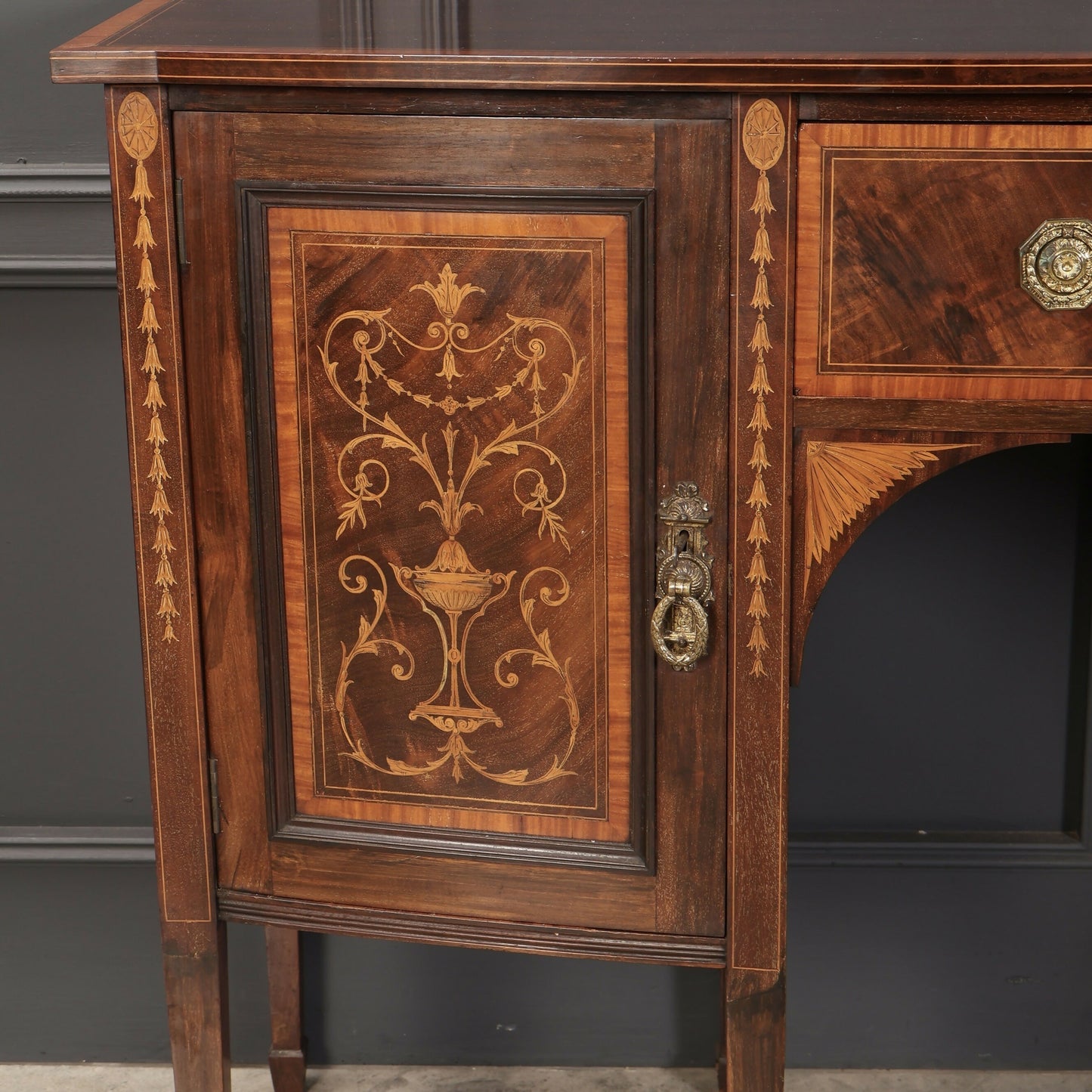 Marquetry Inlaid Mahogany Bow Front Antique Sideboard