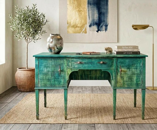 Vintage Oxidized Copper Style Sideboard | Emerald & Teal Patina Cabinet | Large Industrial Credenza | Solid Wood Workshop Desk | Heavy Duty Statemen