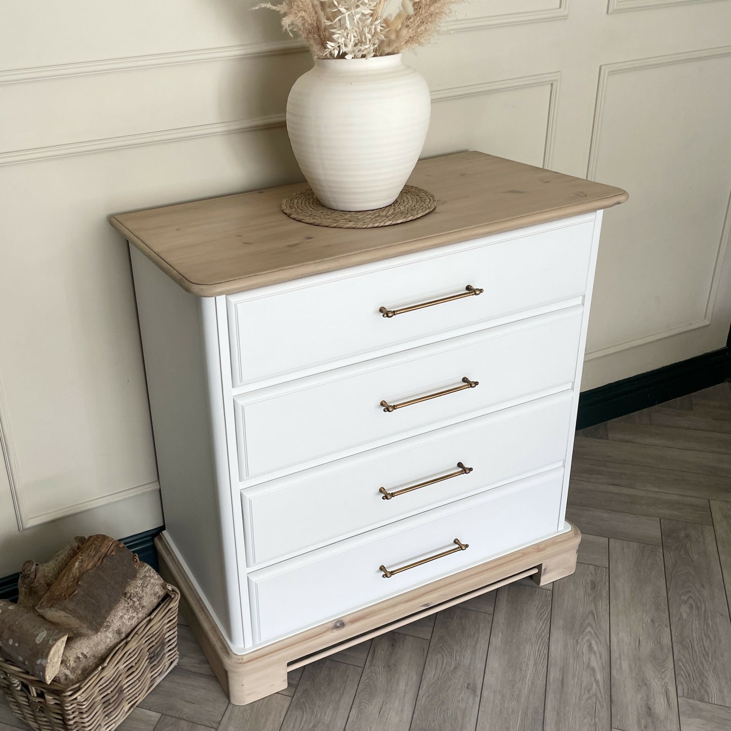 White Chest of Drawers Solid Wood | Hand Painted Vintage Dresser | Rustic Wood Top Bedroom Furniture | Modern Farmhouse Storage