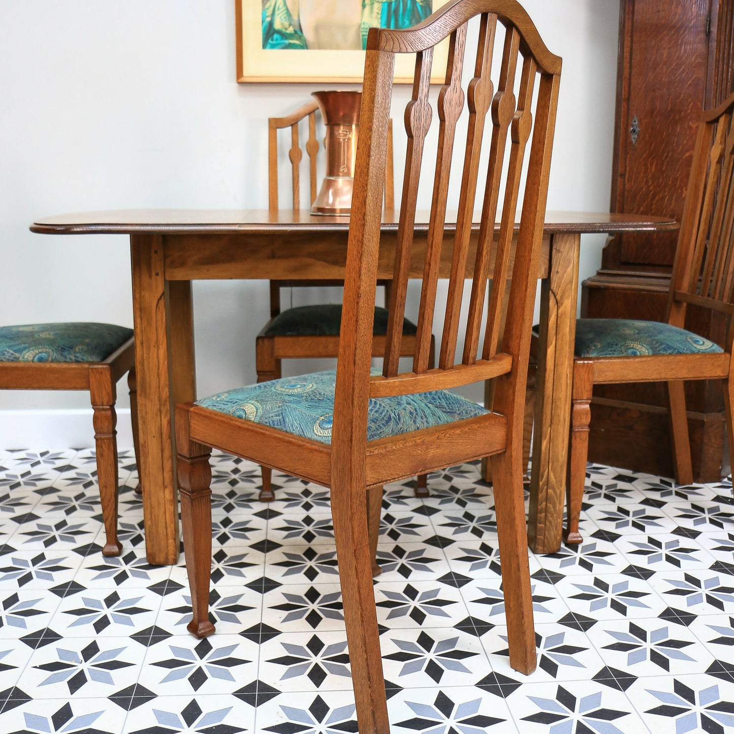 Arts and Crafts Dining Table and Liberty Chairs in Solid Oak with Liberty Fabric