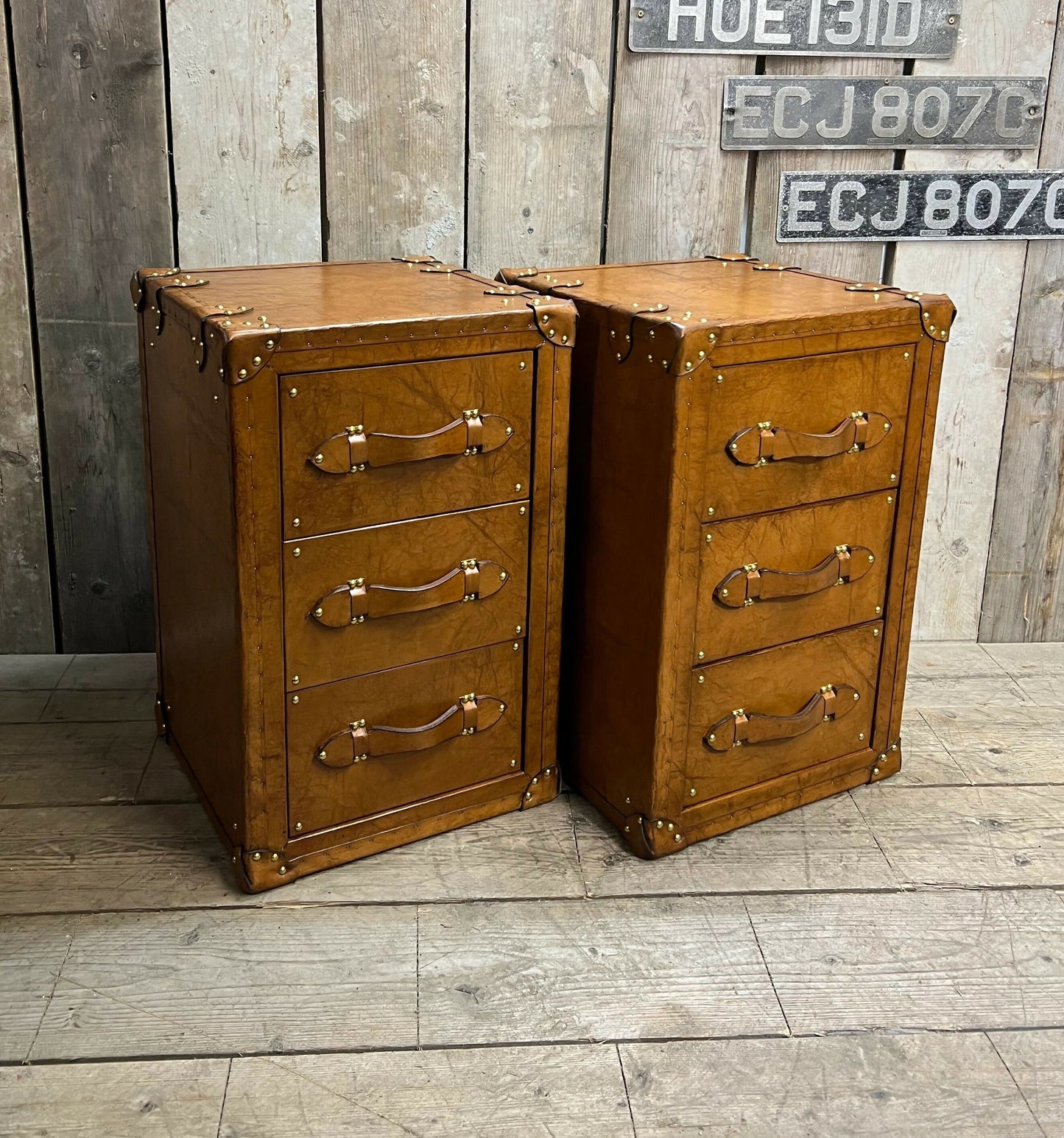 Handmade Bridle Leather Bedside Drawers | His and Hers Set, Hand Dyed in England