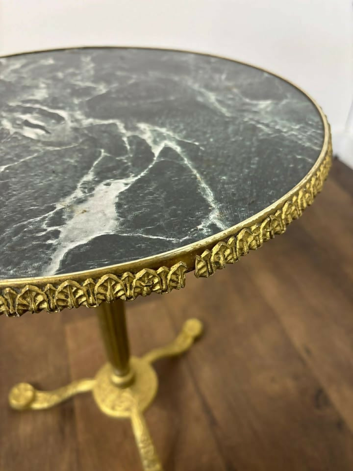 Pair of Circular Gilt Based Tripod Wine Tables with Faux Marble Tops