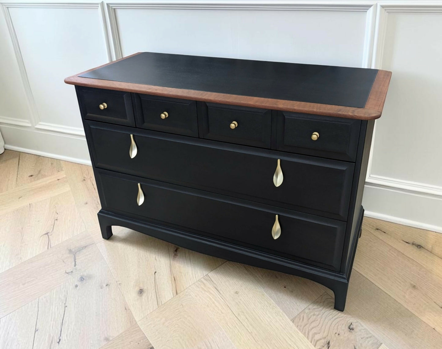 Stag Mid-Century Modern Black Chest of Drawers, Cherry Wood, Gold Leaf Knobs