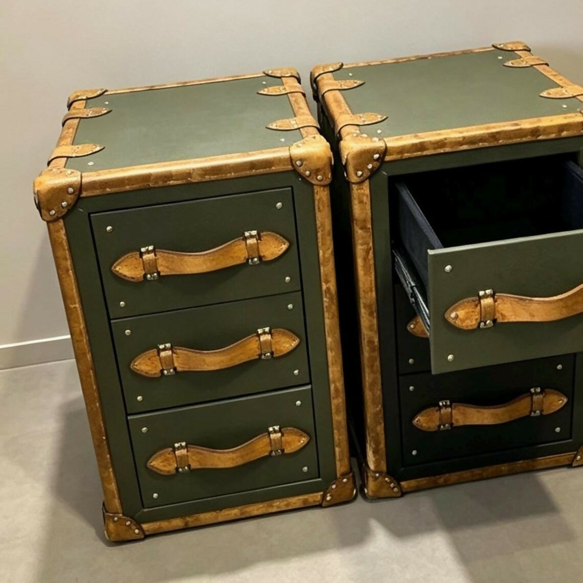 English luxury leather vintage nightstands | Olive green matching bedside tables | Hand dyed