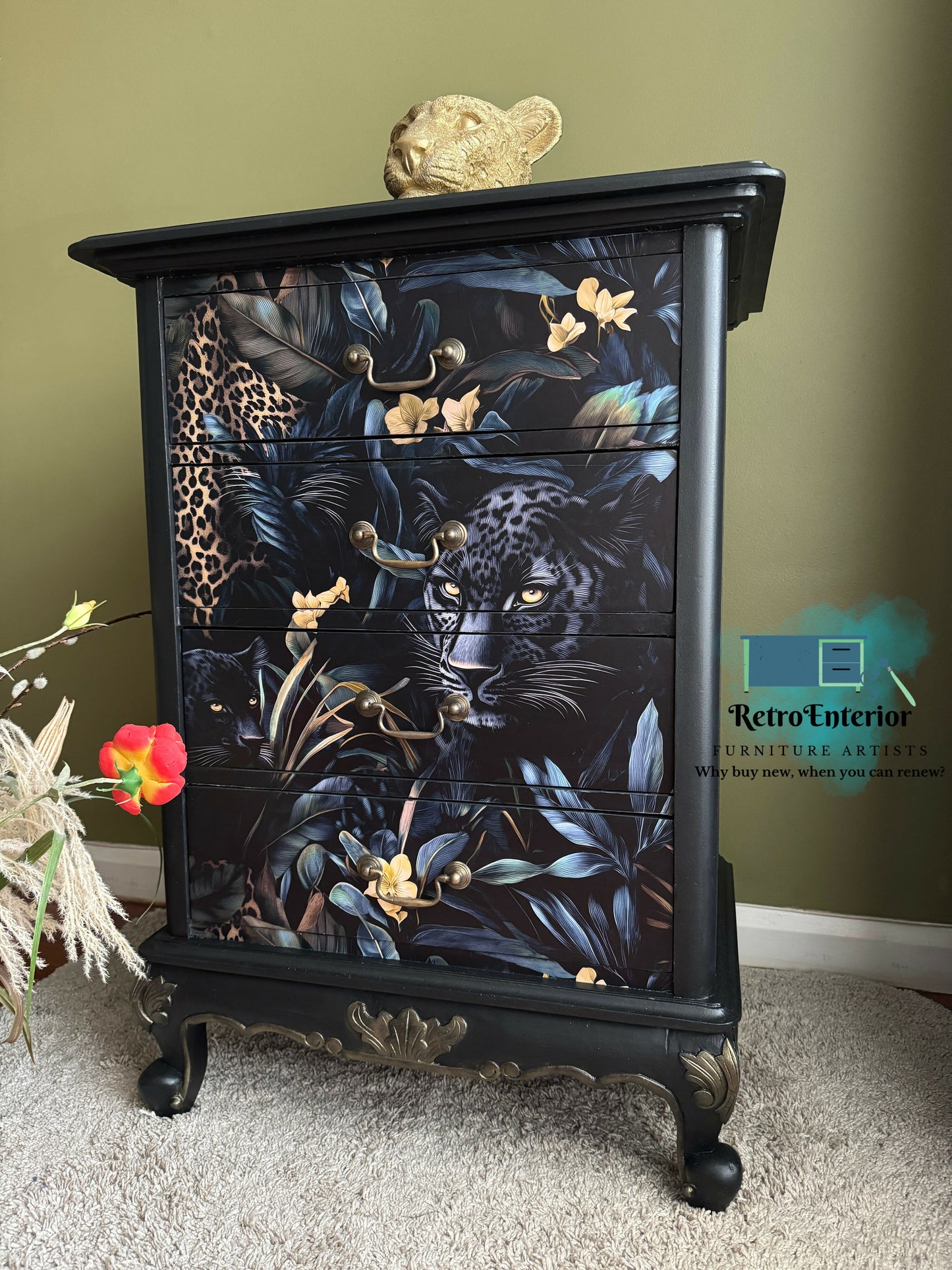 Oriental Tall Chest of Drawers – Coal Black with Leopard & Tropical Mural