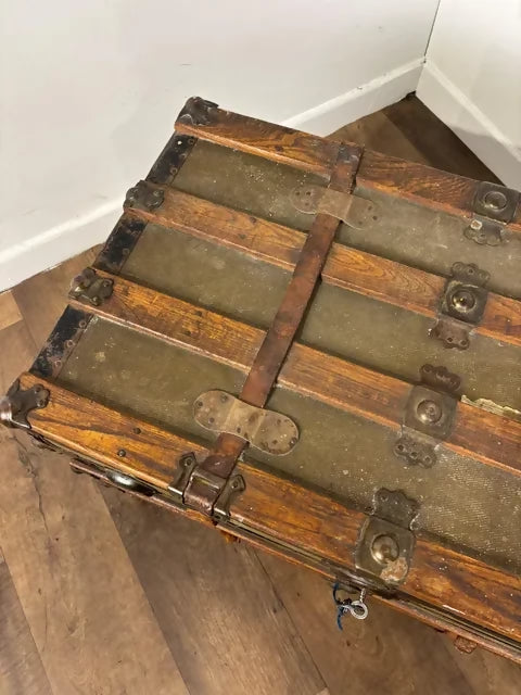 Victorian Oak Bound Travellers Trunk – Steamer Trunk with Original Travel Labels