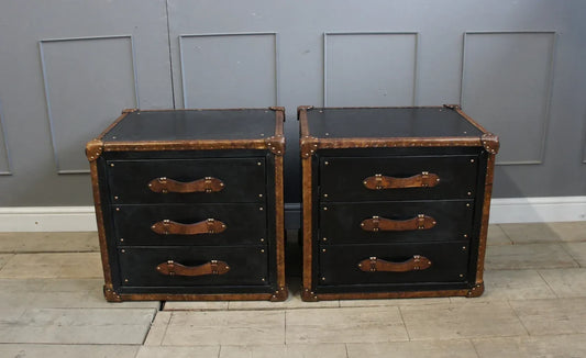 Black Leather & Tan Leather Bedside Drawers