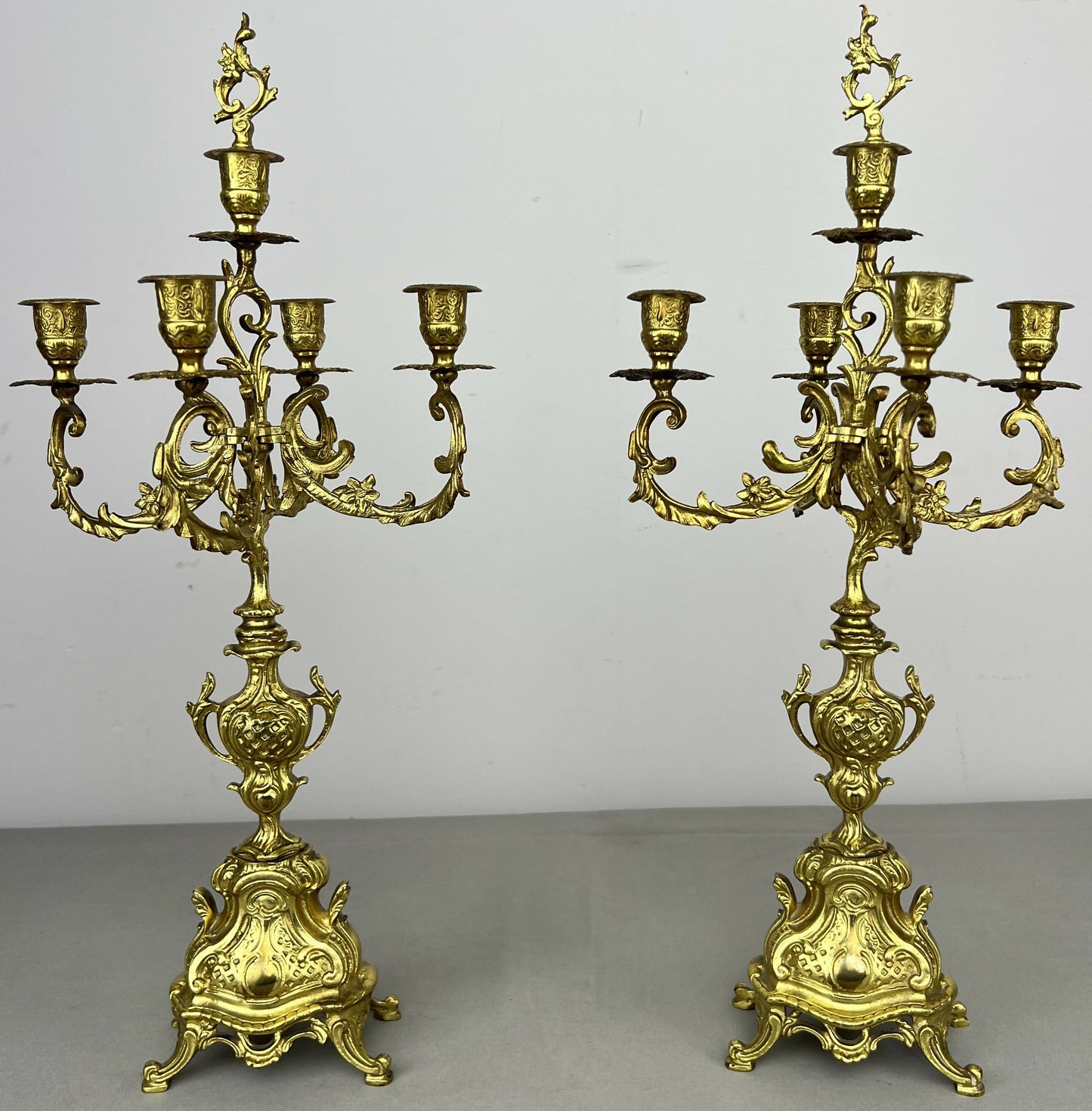 Pair of Candelabras Vintage French Brass Ornate 5 Arm Candle Holders LOT 6437