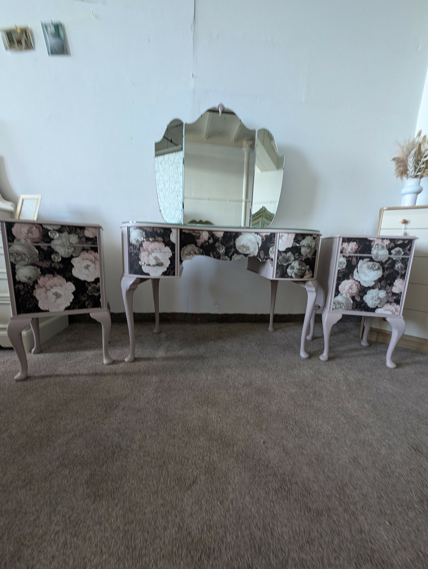 1940s Wrighton Dressing Table & Matching Bedside Cabinets | Vintage Painted Bedroom Set with Triple Mirrors and Glass Top