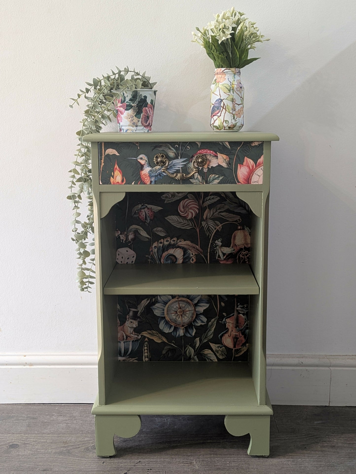 Sage Green Upcycled Cabinet – Whimsical Botanical Interior Bookcase//