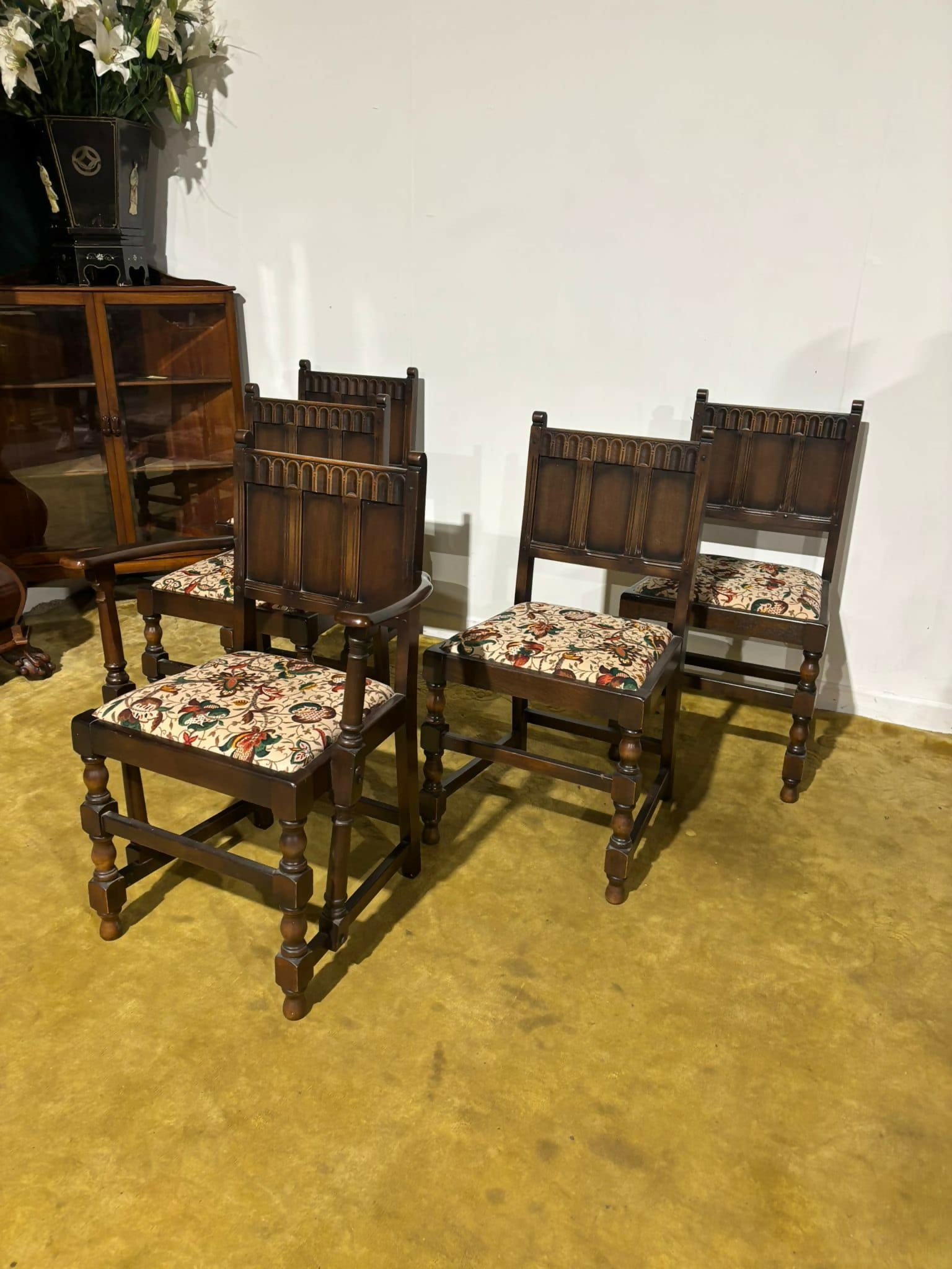 Vintage Ercol Five Gothic Style Dining Chairs.