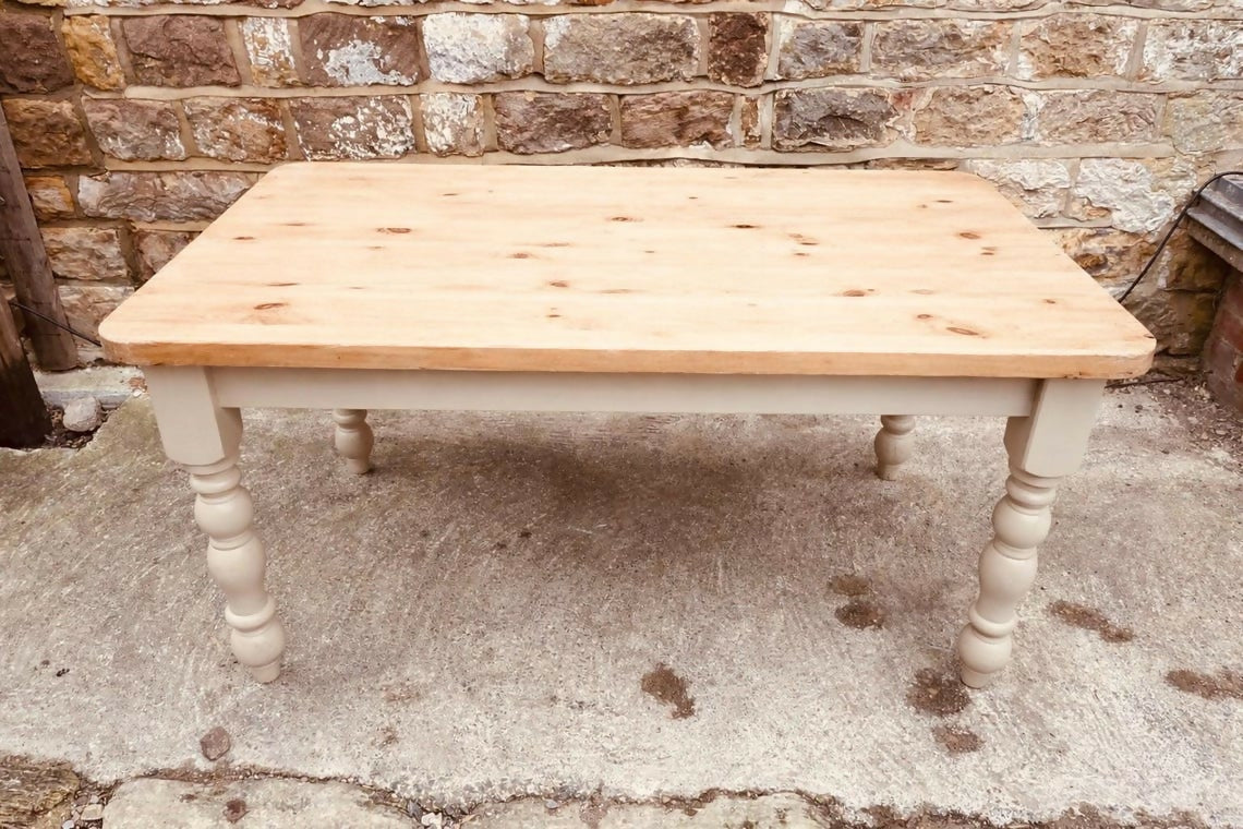 Handcrafted Farmhouse Dining Table | Sanded Solid Wood Top | Neutral Painted Base | Country Kitchen Table