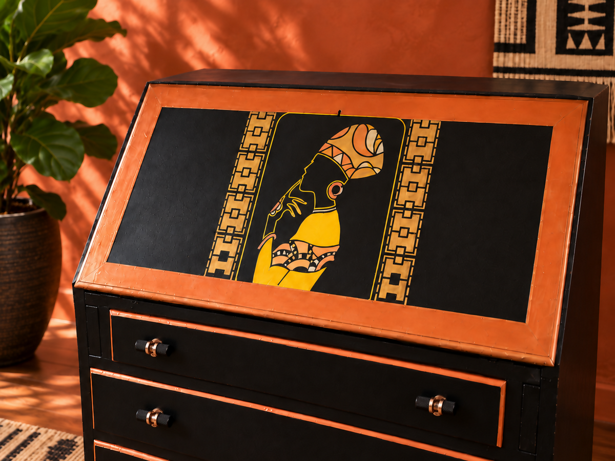 THE AFRICAN ASPECTS UPCYCLED - ONE-OFF FURNITURE ART “Echoes of Her” black, gold and copper bureau