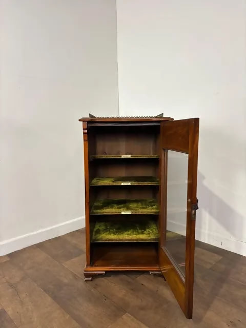 Edwardian Walnut Sheet Music Cabinet with Glass Door & Velvet-Lined Shelves