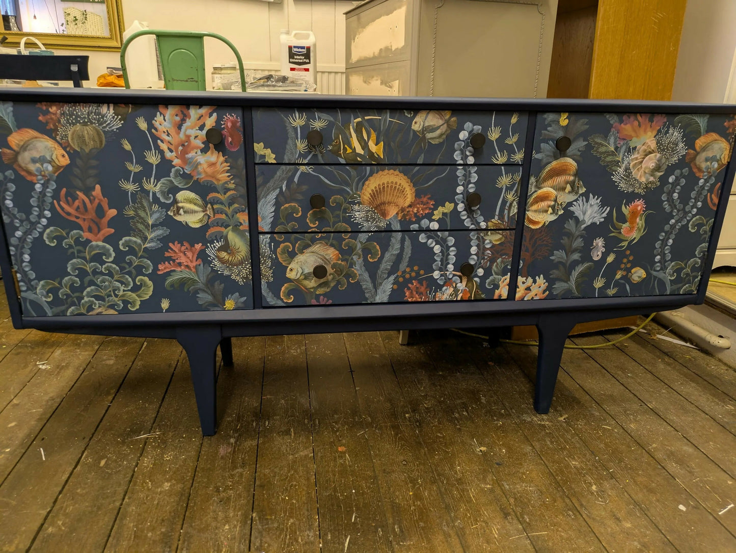 Gplan Midcentury NavySideboard Ocean Sea Fish Print Upcycled Painted SOLD message for commission