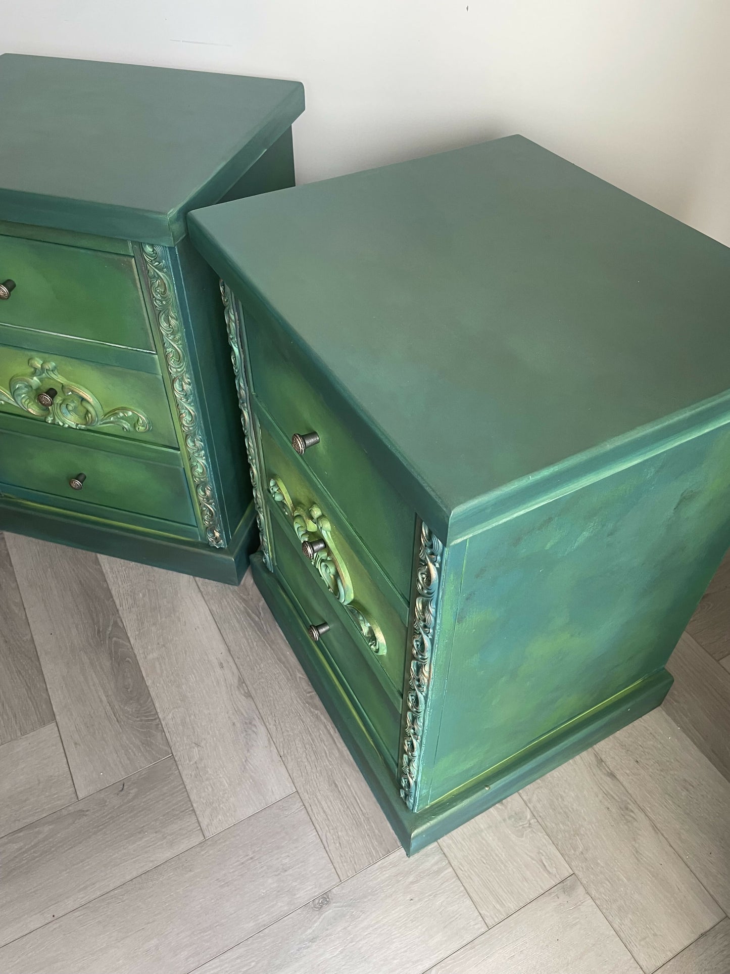 Vintage pine pair of bedside drawers, hand painted green and gold
