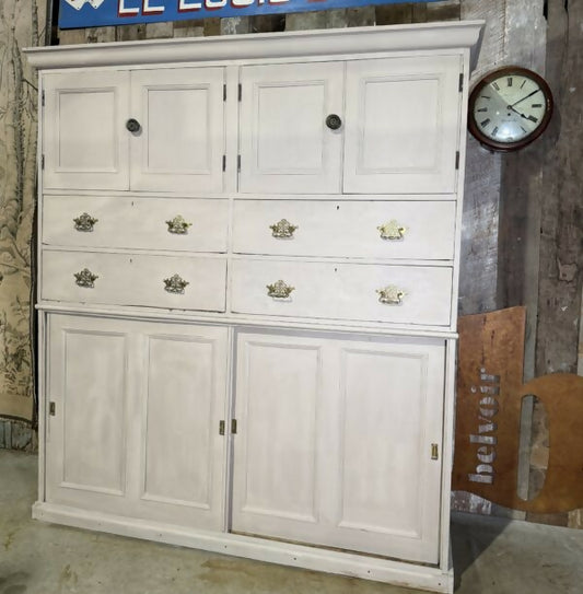 Antique Large Victorian Estate Housekeeper Painted Pine Sliding Door Drawers Cupboard, c.1870