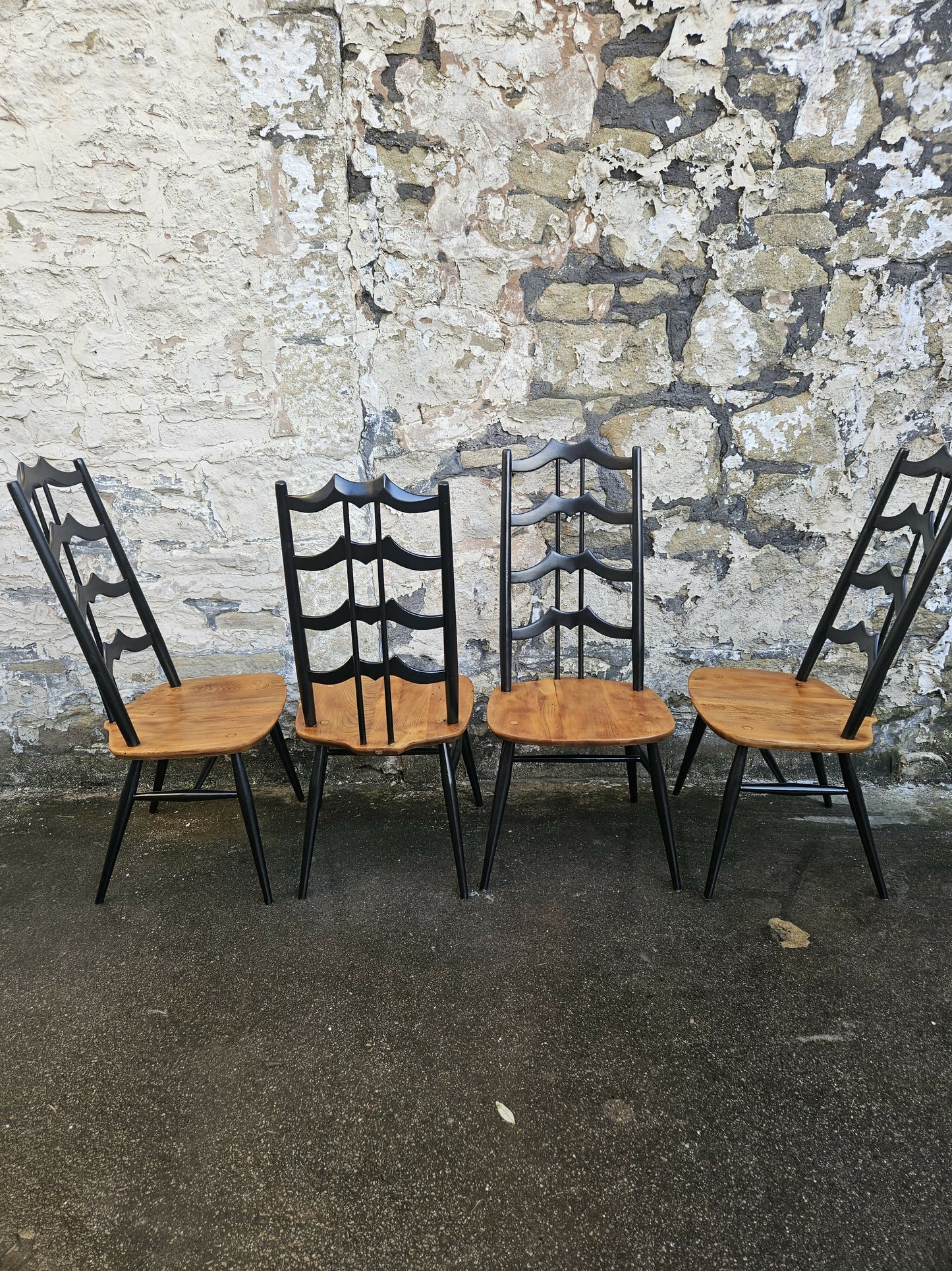Set Of Four Ercol Batwing Dining Chairs Model Number 496 In Black Super Rare