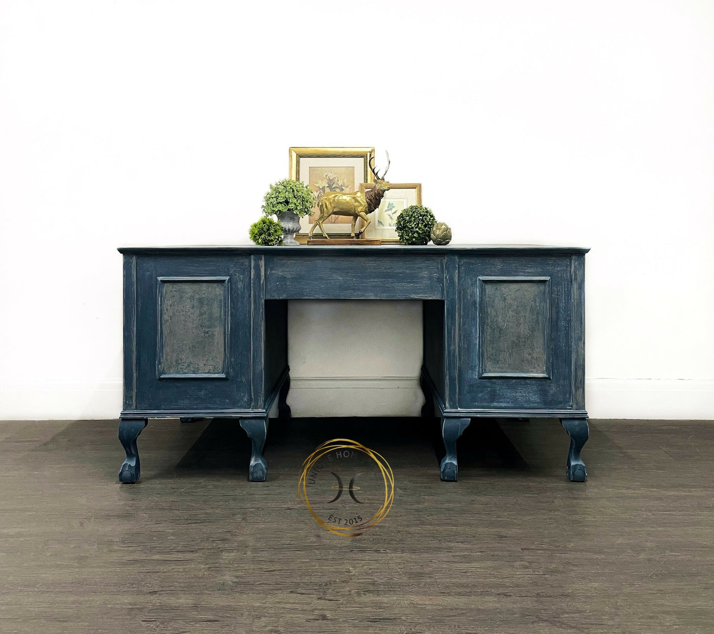 Blue Antique Claw and Ball Double Pedestal Office Desk By Cooke’s Ltd