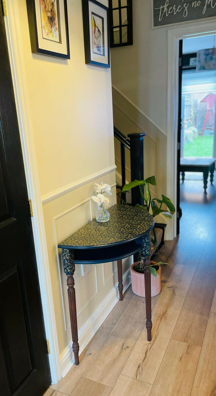 Half Moon Hall Table Upcycled/Refurbished Blue and Gold