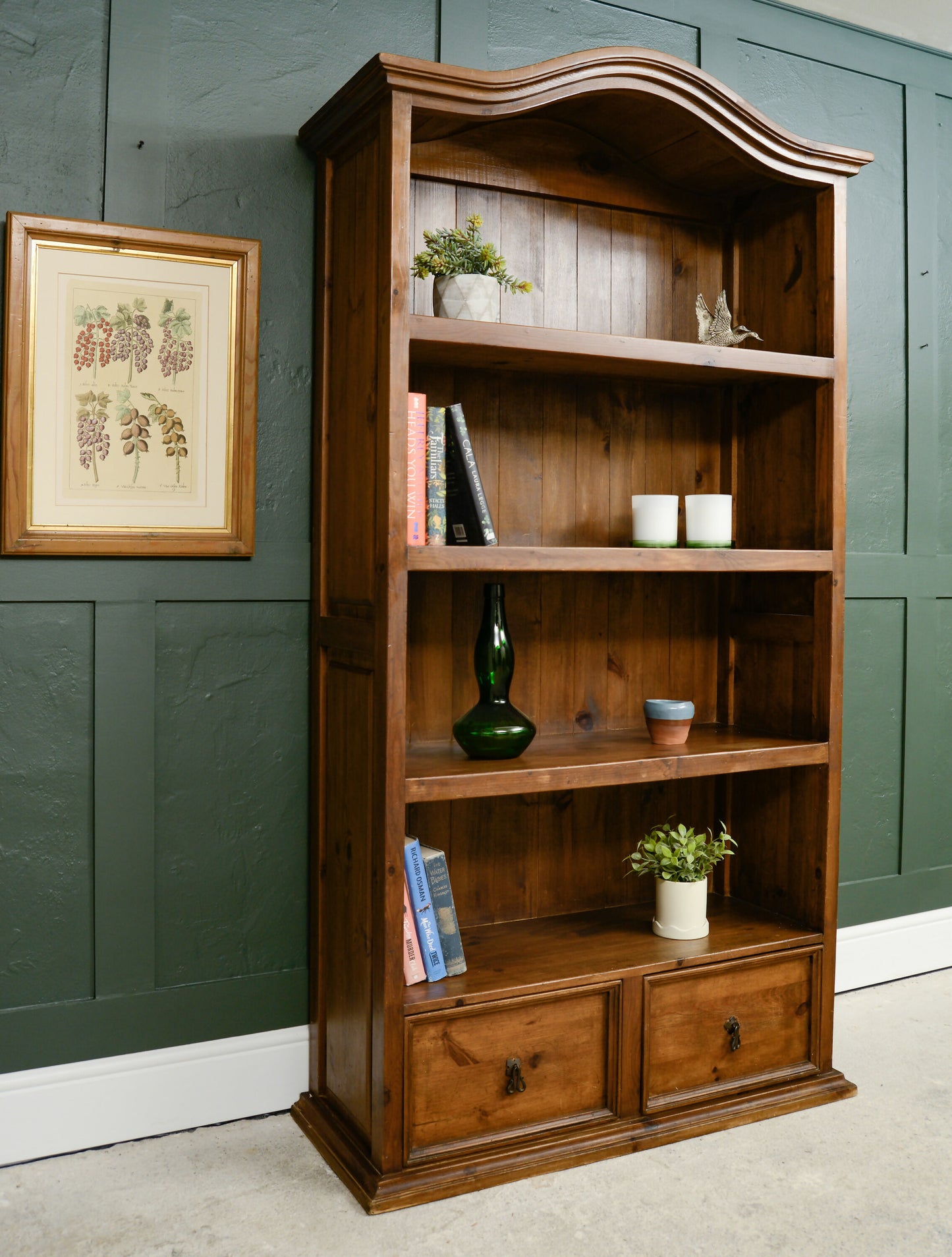 Tall Pine Bookcase with Drawers - Antique Finish