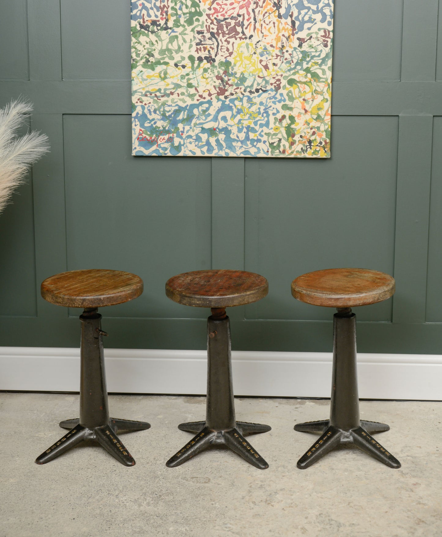 3 Antique Singer Sewing Machinists Stools - Cast Iron - Adjustable Height