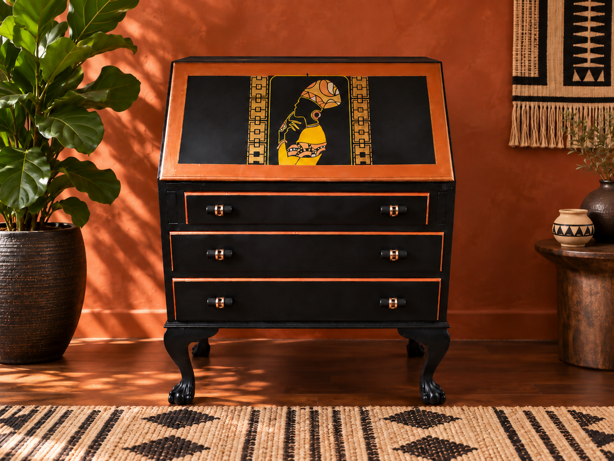 THE AFRICAN ASPECTS UPCYCLED - ONE-OFF FURNITURE ART “Echoes of Her” black, gold and copper bureau