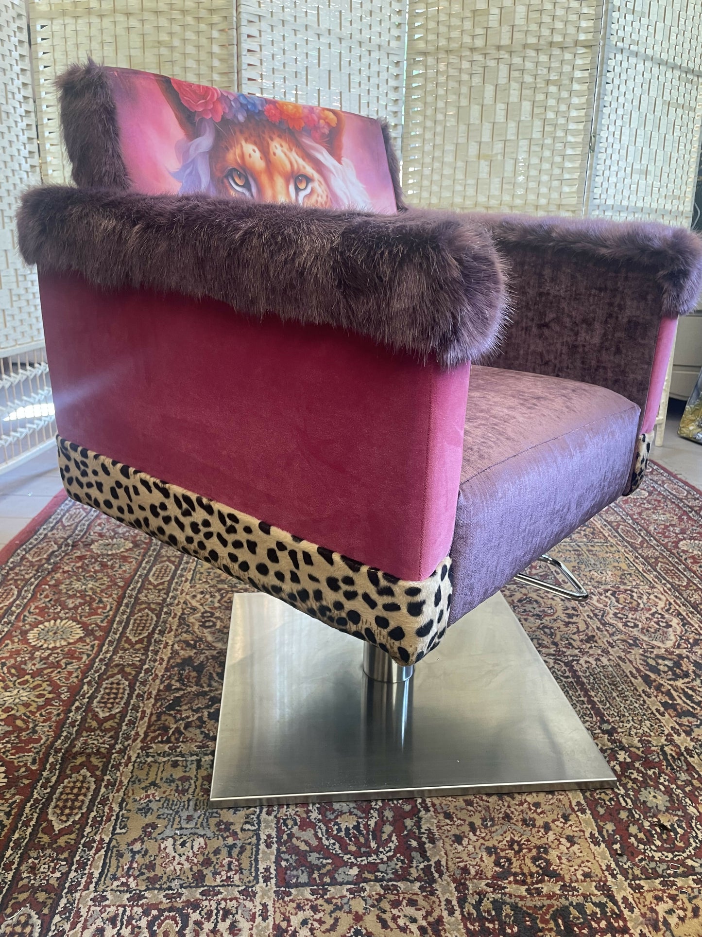 Salon swivel chair. Upholstered to make a funky statement piece. Velvet and faux fur with lion print panel