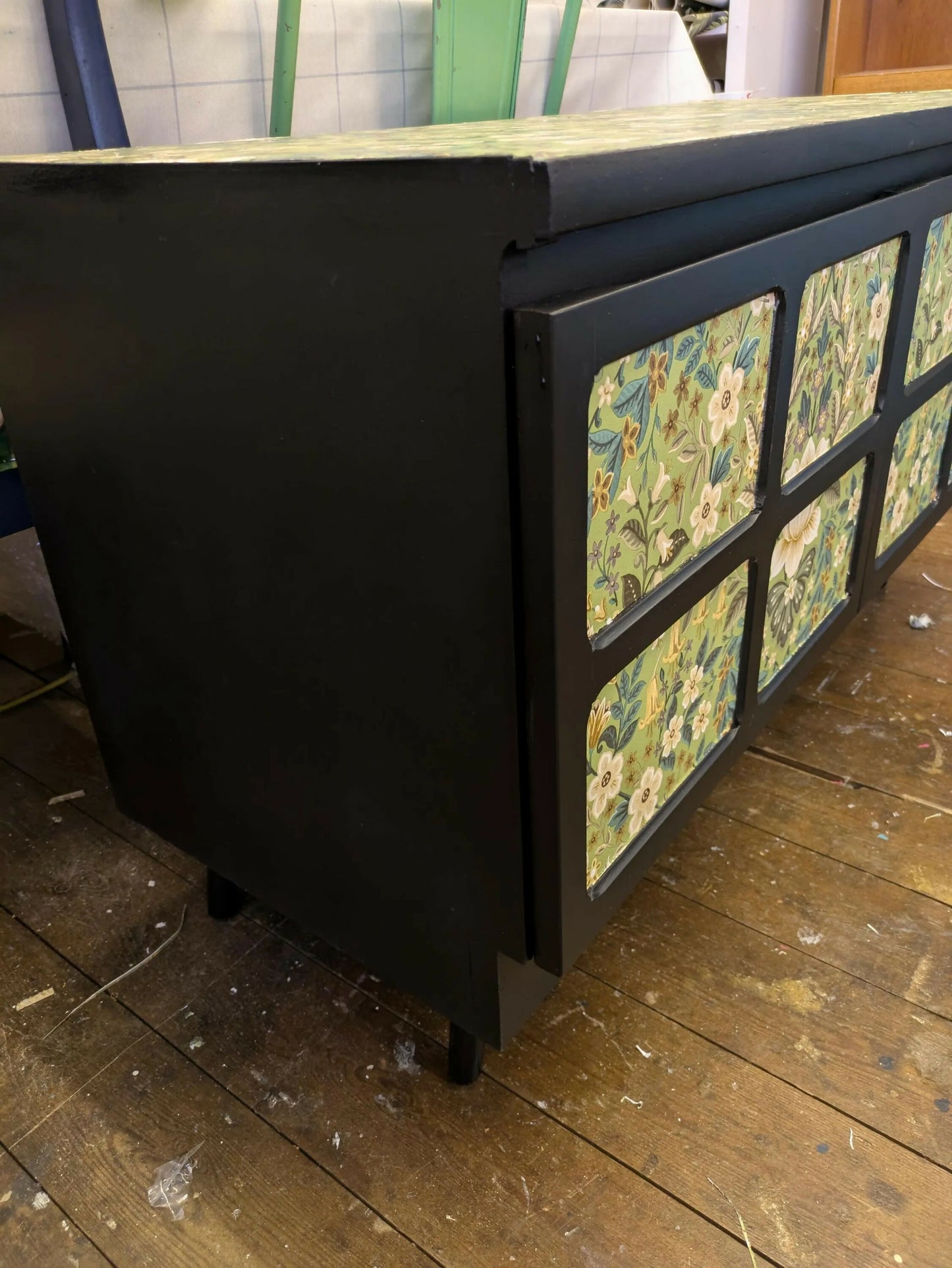 Mid Century Retro Nathan Sideboard on Black Floral Print Sold Message Commission
